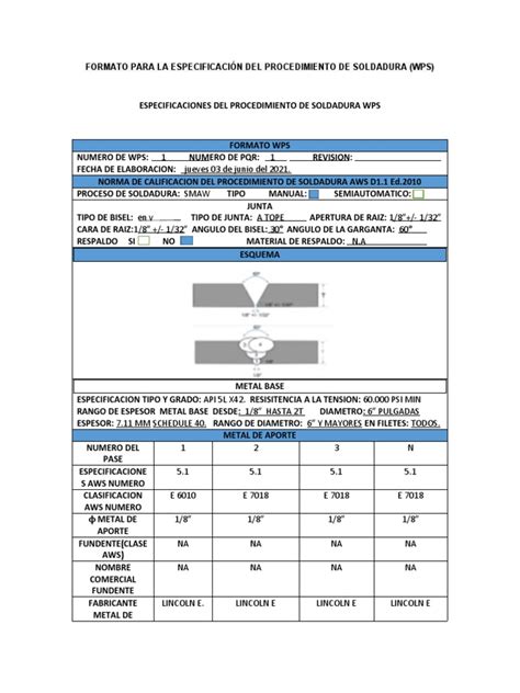 especificacion de la prueba de soldadura